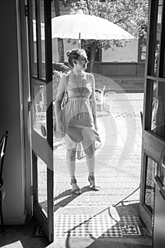 Young woman outside a restaurant