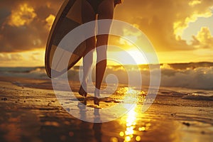 Young woman with paddleboard walking towards the sea on a beautiful, sunny beach