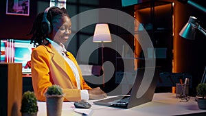 Young woman participating in online debate forums or academic competitions