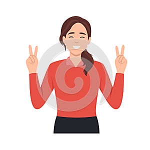 Young woman with peace signs. sign language gesticulation