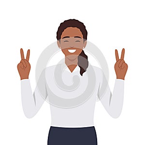 Young woman with peace signs. sign language gesticulation, peace gesture. Good mood, gladness joyfulness and positive emotion