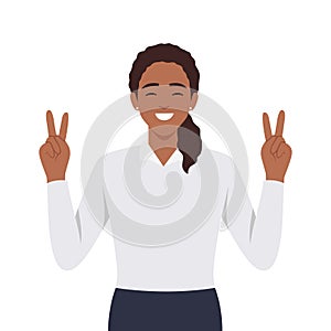 Young woman with peace signs. sign language gesticulation, peace gesture. Good mood, gladness joyfulness and positive emotion photo