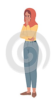 Young woman in pensive mood semi flat color vector character