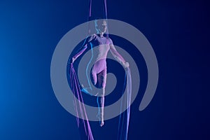 A young woman performing in a circus on aerial silk in the dark with blue light. A female equilibrist balancing on a