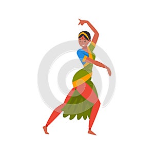 Young Woman Performing Folk Dance, Indian Dancer in Traditional Clothes Vector Illustration