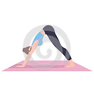 Young woman performing physical exercises. Bundle of female cartoon character demonstrating yoga position isolated on white