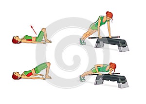 Young woman performs an exercise push-up from a gymnastic stick and a step-platform to strengthen the pectoral muscles and