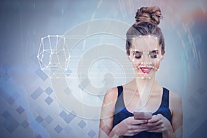 Young woman with phone face recognition technology