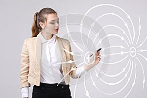 Young woman, physics teacher draws a diagram of the electric field