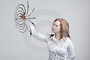 Young woman, physics teacher draws a diagram of the electric field