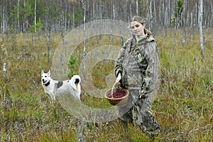 Young woman pick cranberry on a bog.