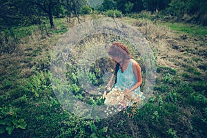 Young woman pick herbs and flowers on clean wild mountain meado