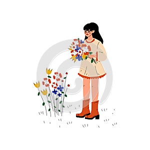 Young Woman Picking Up Flowers, Girl Working in Garden or Farm Vector Illustration