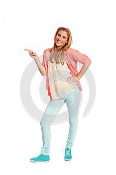 Young woman with pink cardigan