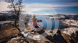 A young woman in a pink dress and hat sits on the edge of a cliff overlooking the fjord in Norway