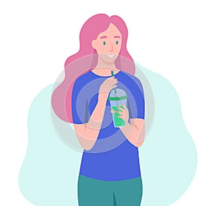 Young woman with pink hair drinks a smoothie