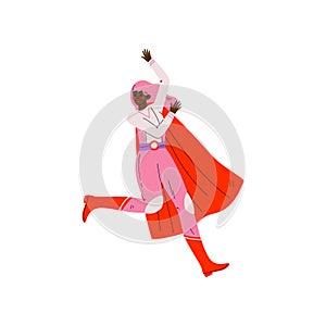 Young Woman in Pink Superhero Costume and Red Cape, Super Girl Character Vector Illustration