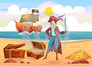 Young woman in pirate costume holding sword standing near open treasure chest on beach in front of pirate ship