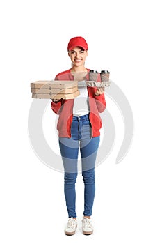 Young woman with pizza boxes and cups of coffee on white background. Food delivery service