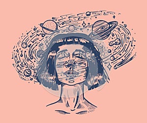 Young woman with planets. Double exposure Future girl astronomer and stars in space. Science fiction concept. Hand drawn