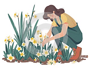 Young woman planting narcissus flowers in the garden. Isolated on white background. Flat illustration