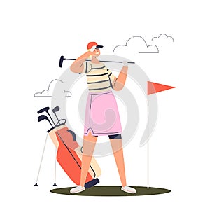 Young woman play golf. Professional female player hold golf club looking at ball hole flag at course