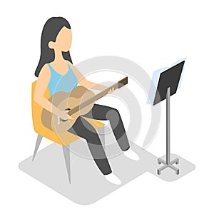 Young woman play guitar. Musician with acoustic instrument