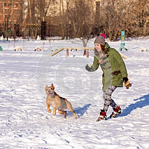 Young woman playing with American Pit Bull Terrier in winter