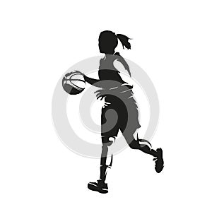 Young woman playing basketball. She runs and dribbles, isolated vector silhouette, ink drawing. Female basketball logo