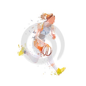 Young woman playing basketball. She runs and dribbles, low poly isolated vector illustration, geometric drawing. Female basketball