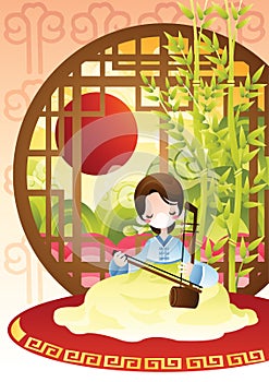young woman playing erhu. Vector illustration decorative design