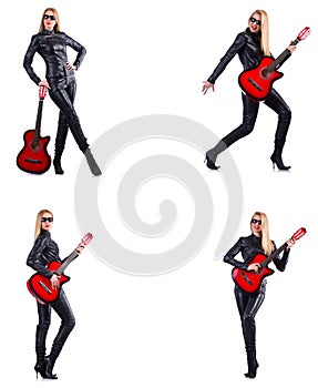 The young woman playing guitar isolated on white