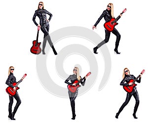 The young woman playing guitar isolated on white