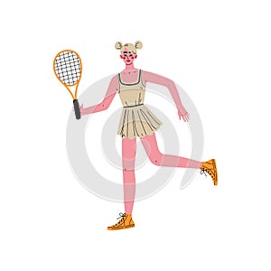 Young Woman Playing Tennis, Female Professional Athlete Character in Sportswear With Tennis Racket, Active Healthy