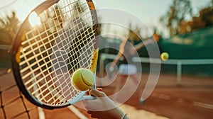 Young woman playing tennis, holding racket with ball flying through net on outdoor court