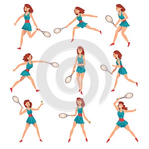 Young Woman Playing Tennis Set, Professional Sportswoman Character in Action Vector Illustration