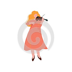 Young Woman Playing Violin, Female Musician Violinist ith Classical Musical Instrument Vector Illustration