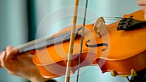 Young woman playing the violin. Hands of musician, close up view. Front view