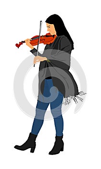 young woman playing violin , isolated on white background. Street artist girl performer. Violinist lady