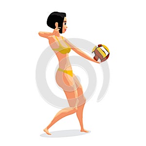 Young woman playing volleyball. Girl puts the ball in the game.