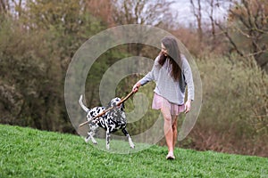 Young woman plays with her Dalmatian dog