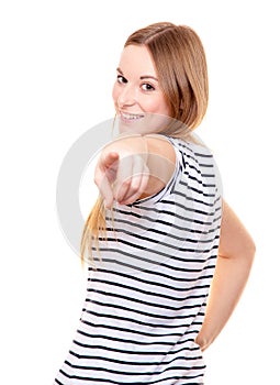 Young woman pointing with finger