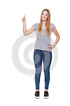 Young woman pointing with finger