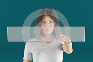young woman pointing finger on empty text search box copy space concept ai search engine on infinite background 3D Rendering