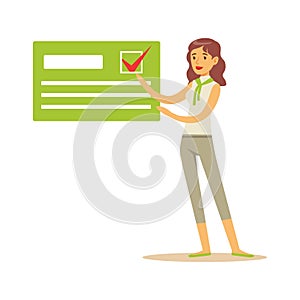 Young woman pointing to an agitation poster, political agitation campaign vector Illustration