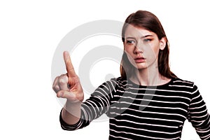 Young Woman Pointing Touching Graph Chart Screen Stock image