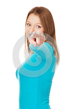 Young woman pointing on you