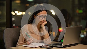 Young woman pondering over startup idea, lacking motivation and inspiration