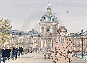 Young woman on Pont des arts in Paris photo