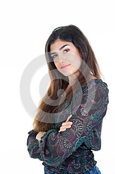 Young woman portrait brunette girl arms crossed over isolated white background smiling